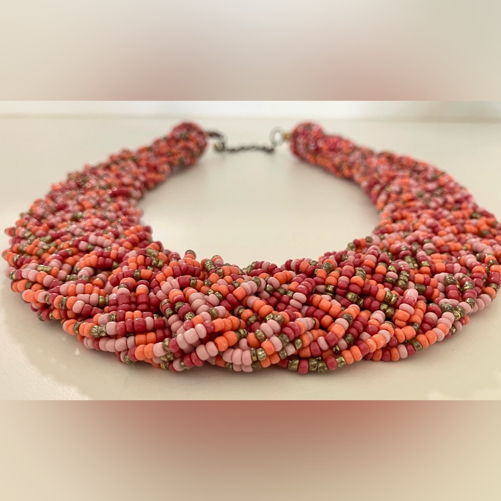 Estate Multistrand Seed Bead Braided Necklace, Stunning Coral, Pink and Gold.